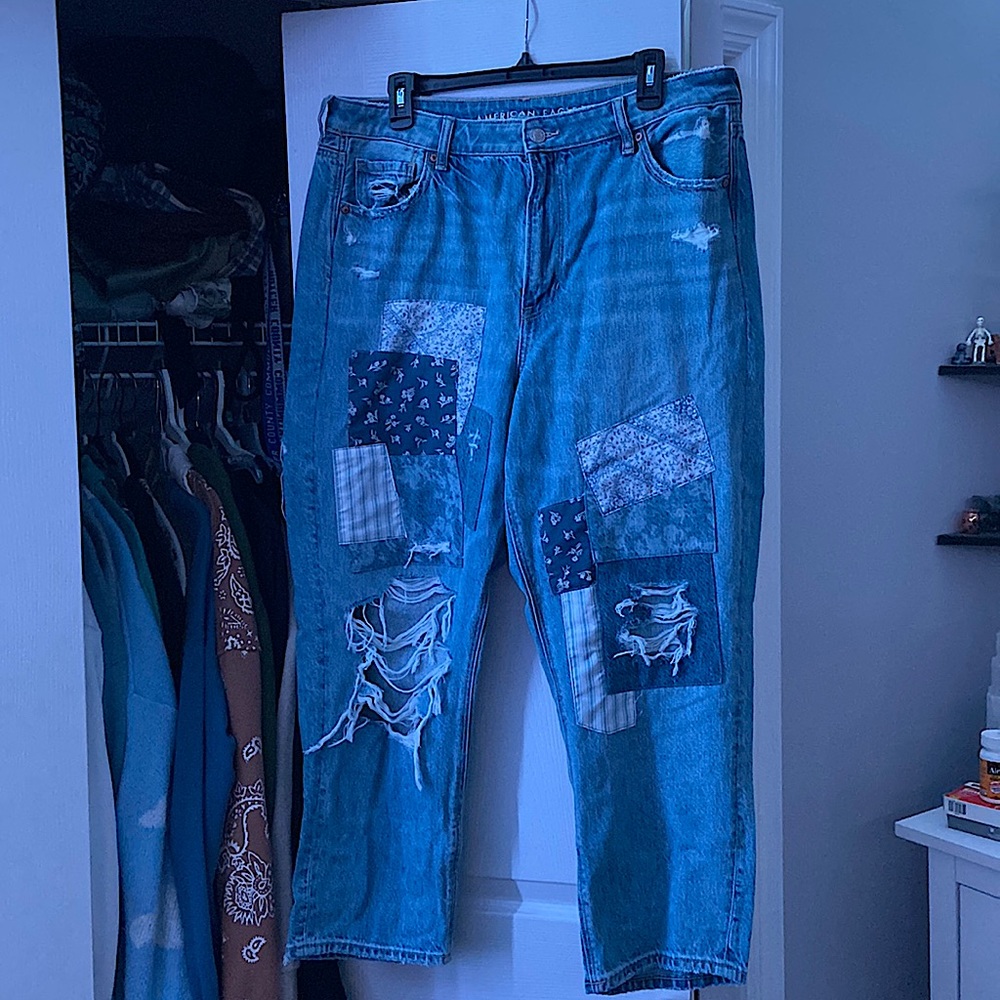 American Eagle Mom Straight Jeans with bandana/paisley print patches.